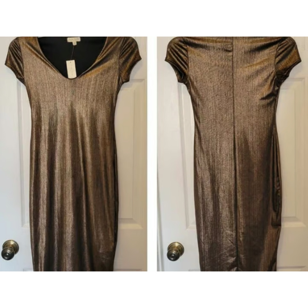 See You Monday Women M Gold bronze metallic V-neck Midi Dress NWT